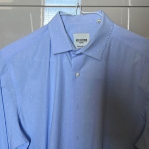 Mens trim fit dress shirt -100% cotton pale blue with white polka dots. Subtle.